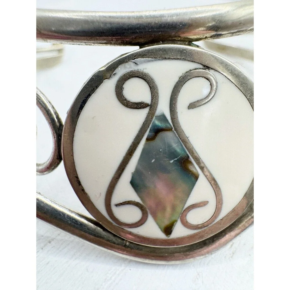 Vintage Alpaca Mexico Abalone Inlay Shell Cuff Bracelet Bohemian Chunky